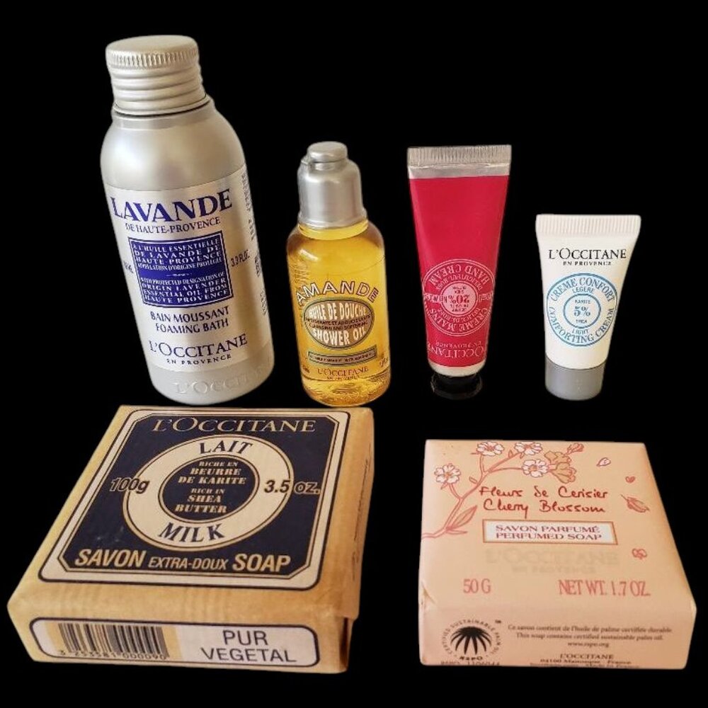 L'Occitane Lot of Travel Size Lavande Foaming Bath, Cherry Blossom Soap, Cremes